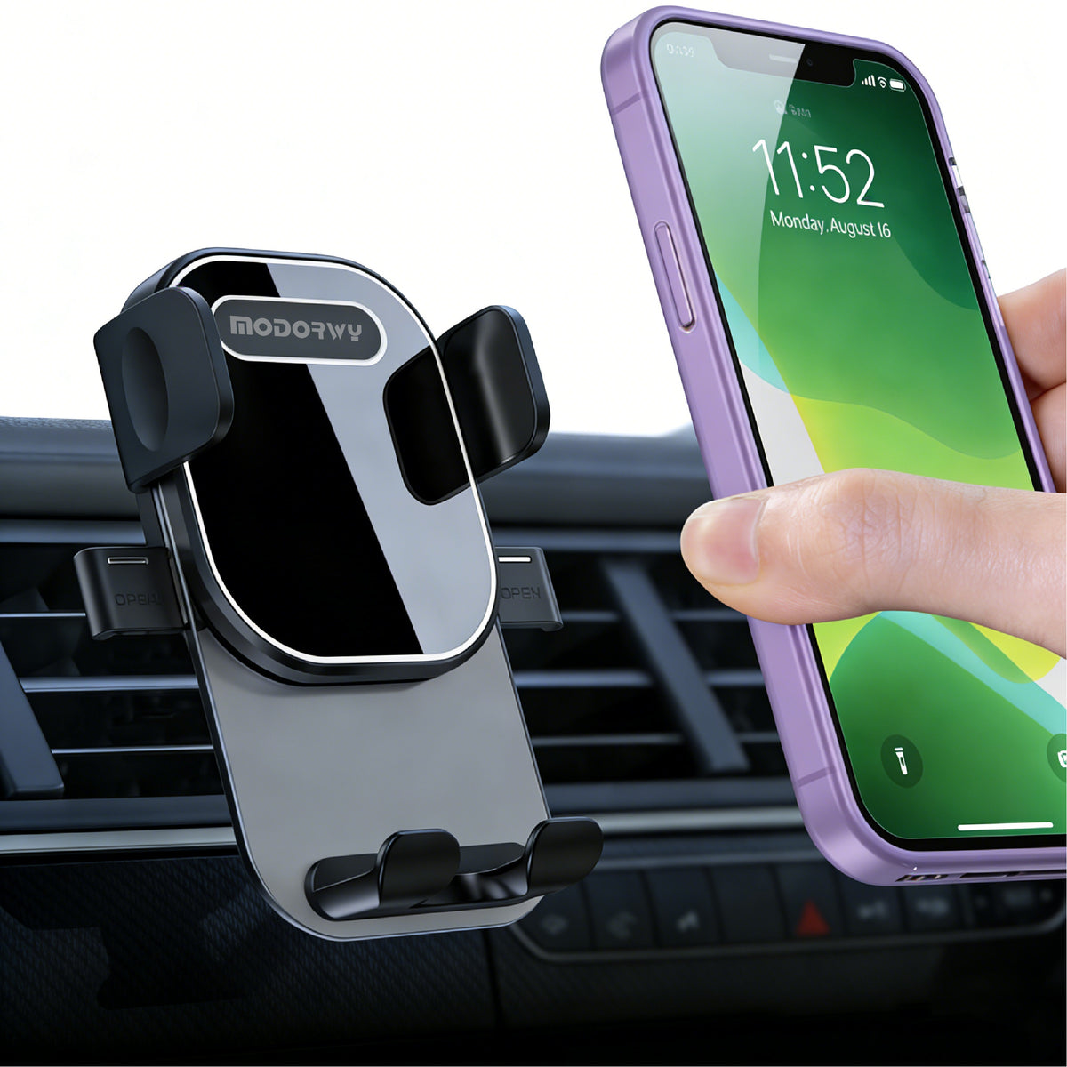 Air Vent Car Phone Holder, fits your car air conditioning vent. Spiral hook car phone mount with 360° swivel arm, no air vent blockage. Compatible with horizontal and vertical air vents, fits 4.7"-7" smartphones MH1153